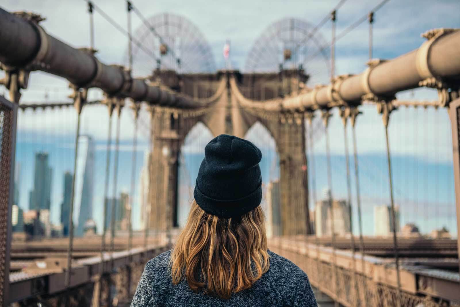 looking at the Brooklyn Bridge