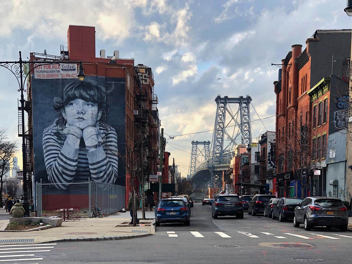 Mona Lisa of Williamsburg by Steven Paul Brooklyn mural and bridge