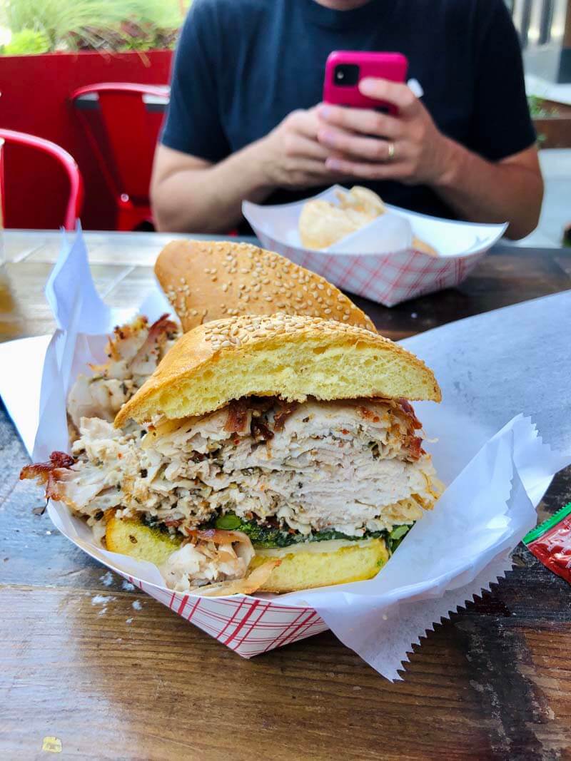 porchetta sandwich at Mekelburgs in Williamsburg Brooklyn