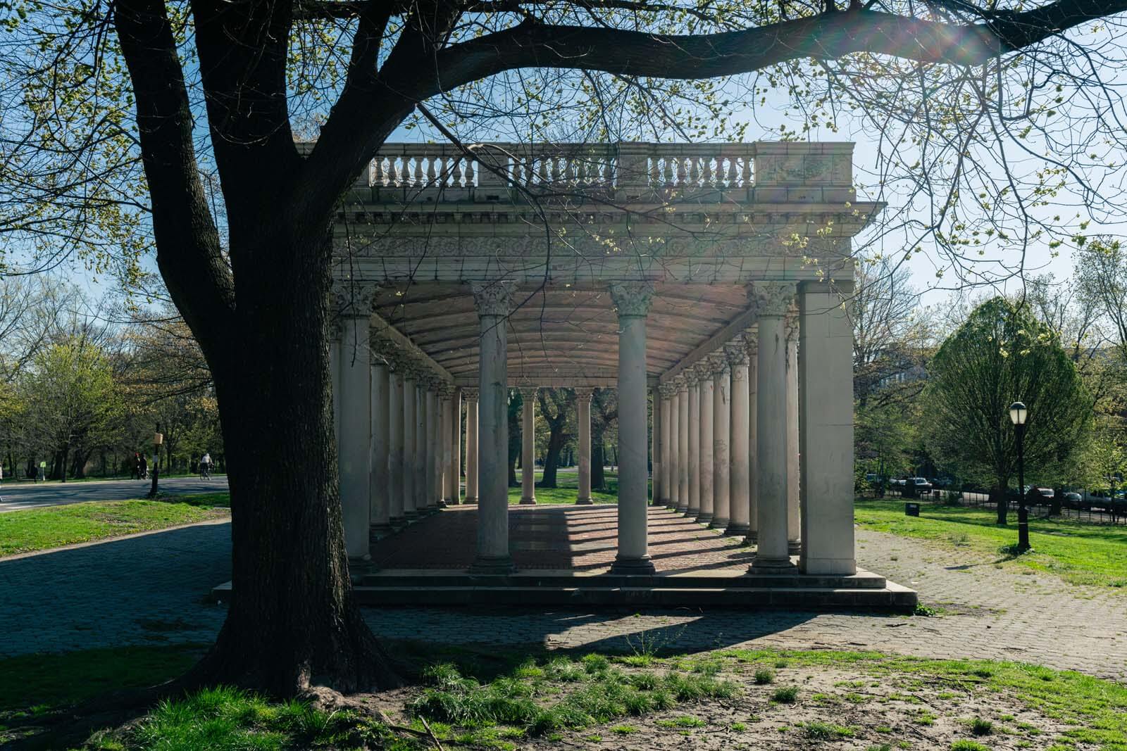 The empty peristyle shelter in Prospect Park