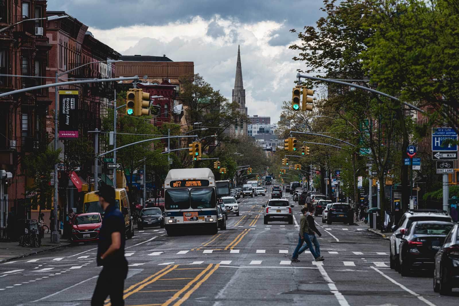 crossing the street on 7th avenue in park slope