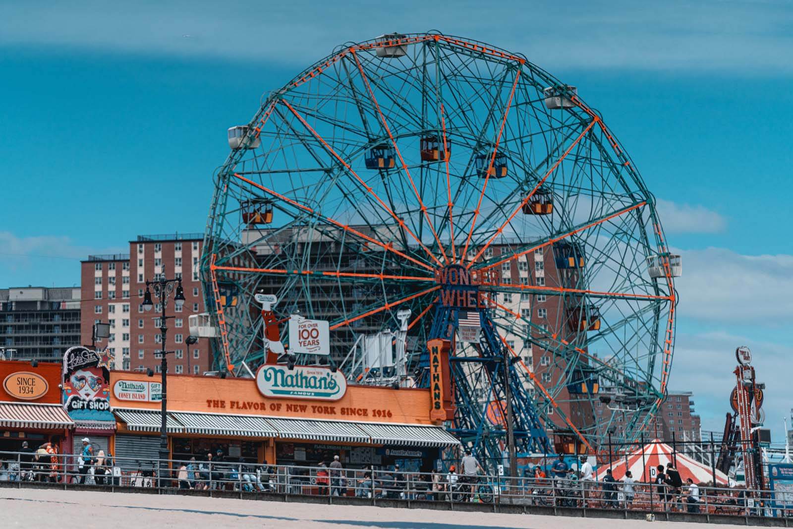 The Wonder Wheel and Nathans Famous on Rieggleman Boardwalk in Coney Island
