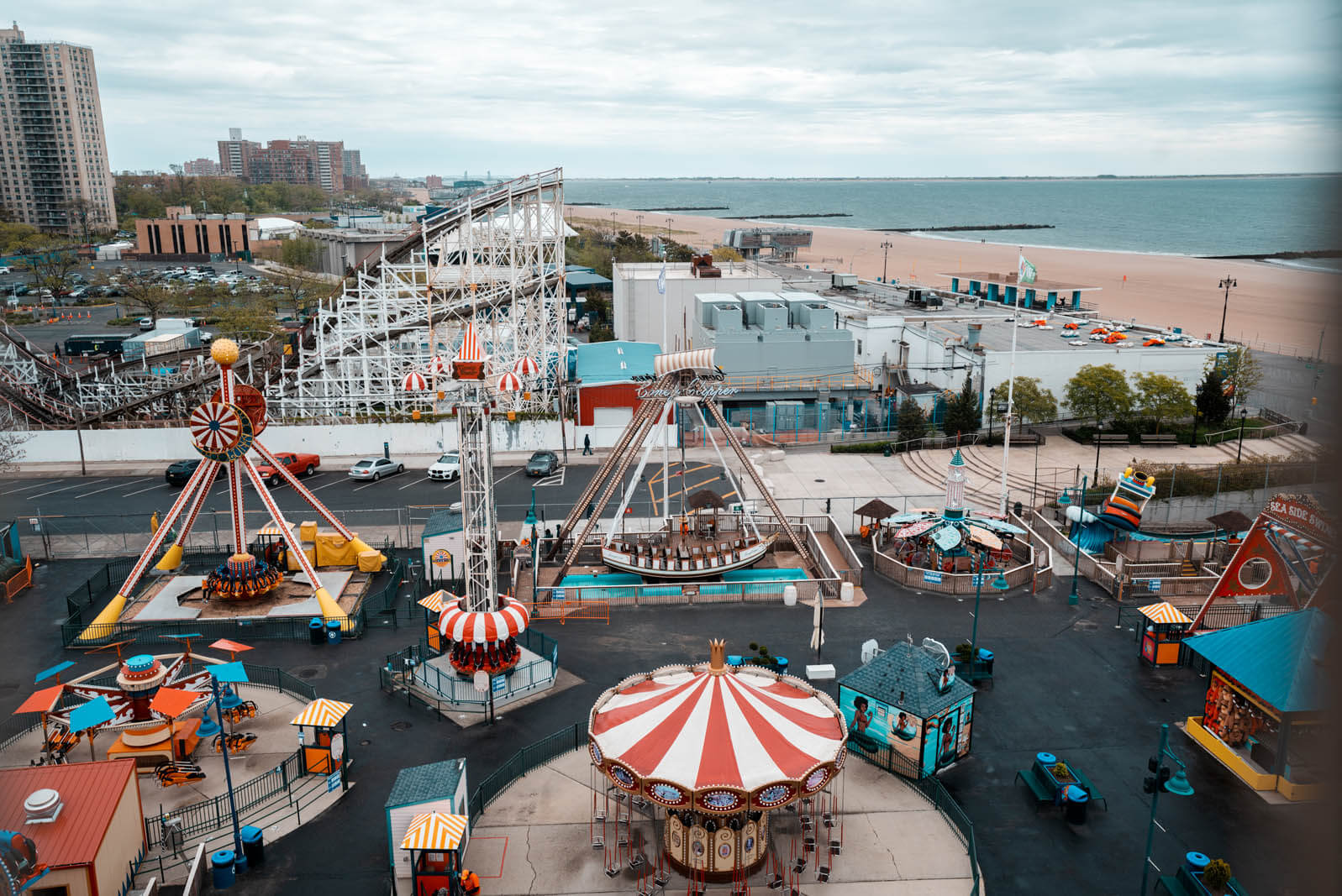aerial view of rides from Denos Wonder Wheel at Coney Island and the beach