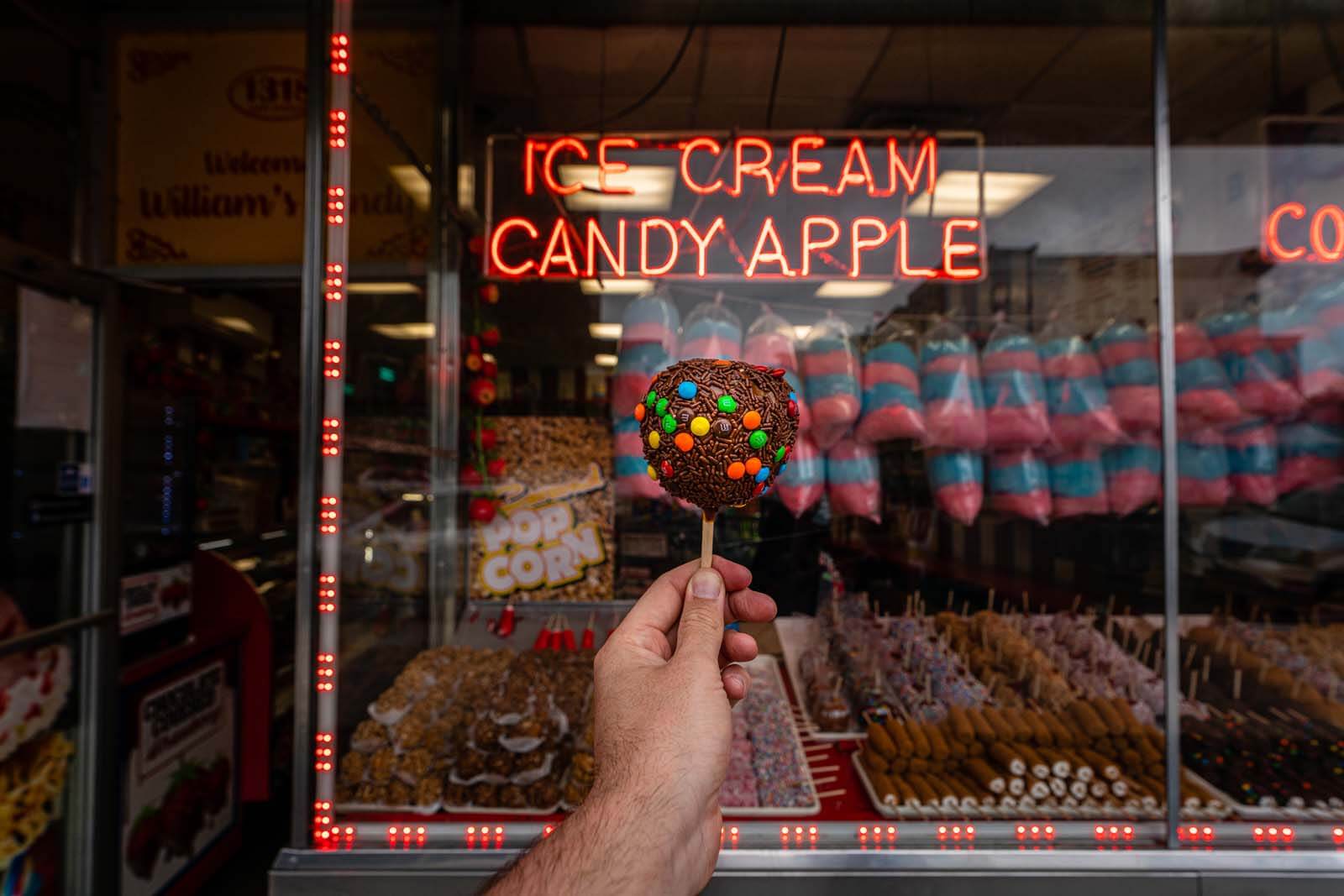 famous caramel apple at Williams Candy at Coney Island
