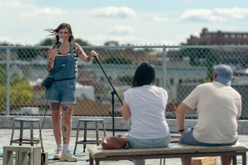comedian Natalie Cuomo performin gat Tiny Cupboard rooftop comedy show in brooklyn