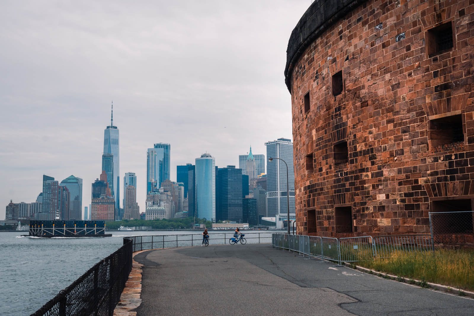 Castle Williams on Governors Island with a view of the World Trade Center in NYC