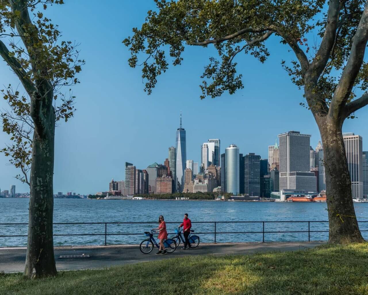 biking around Governors Island with lower manhattan in the background