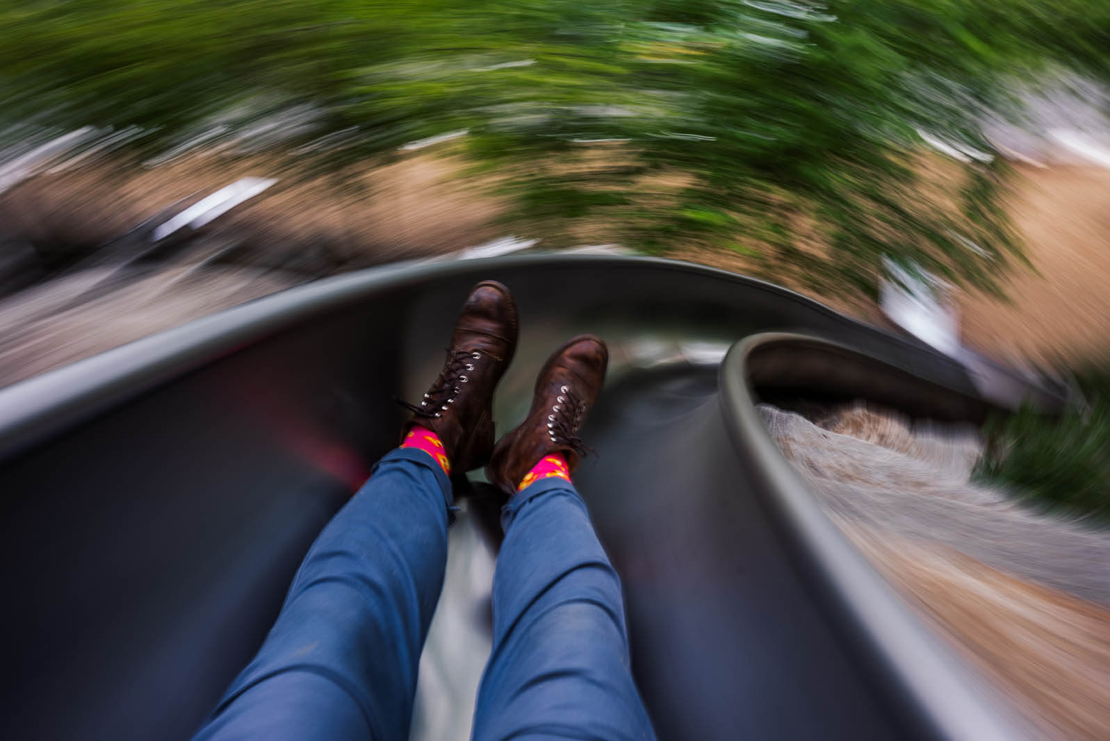 going fast down the slide at Governors Island in NYC