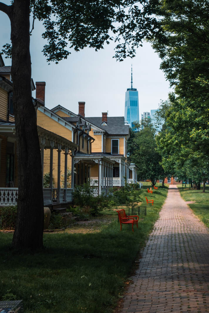 yellow houses along Nolan Park at Governors Island in NYC