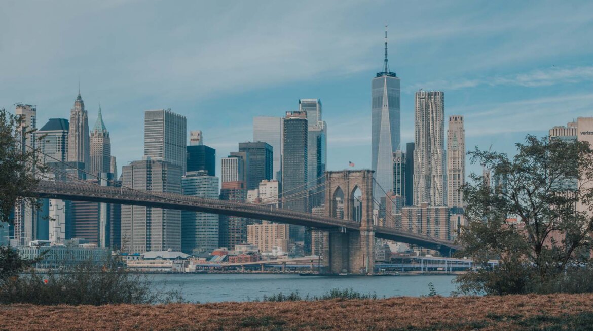 Brooklyn Bridge and NYC city view from Brooklyn Bridge Park