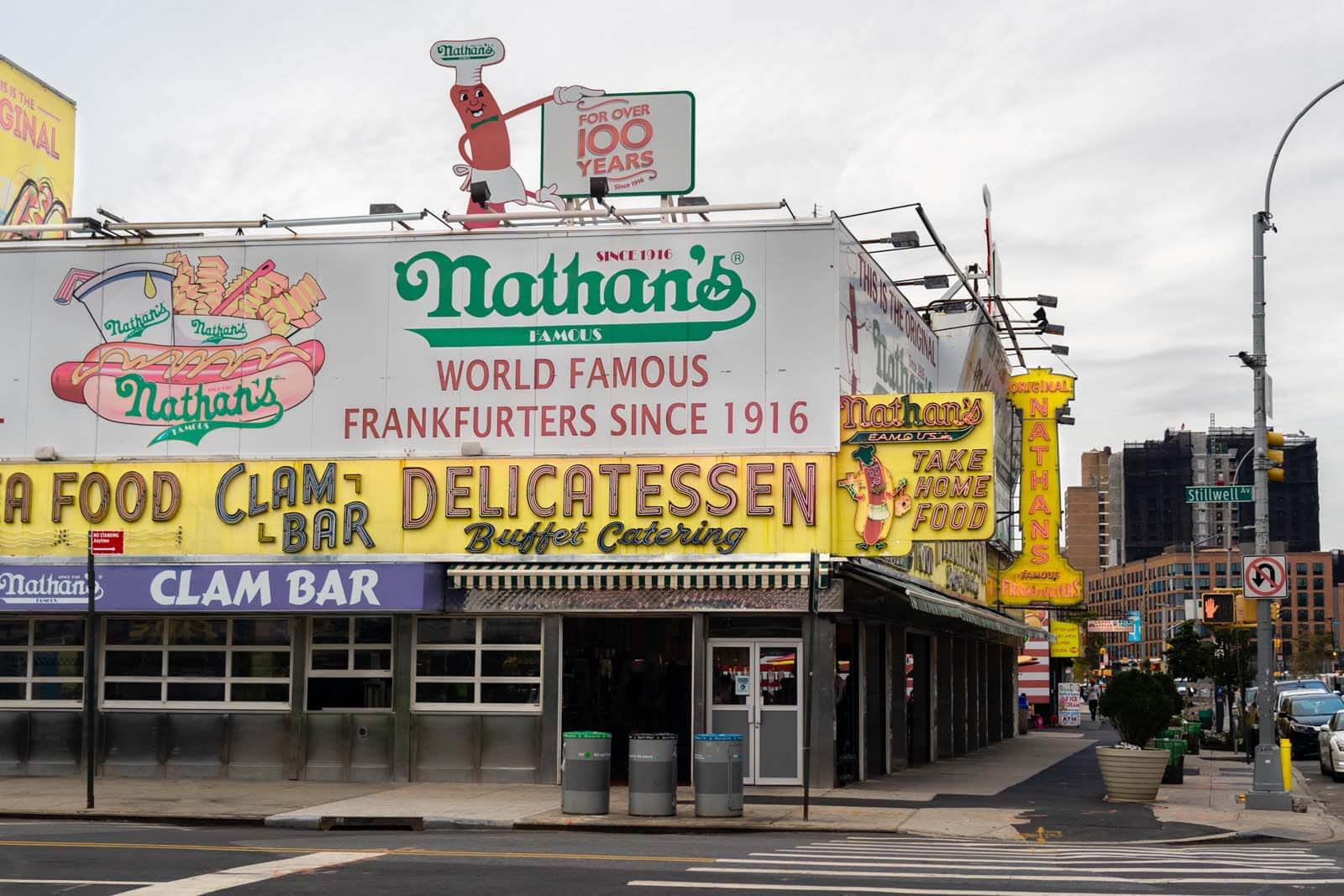 Nathans Famous Hot Dogs original locations on Surf and Stillwell Avenues in Coney Island Brooklyn