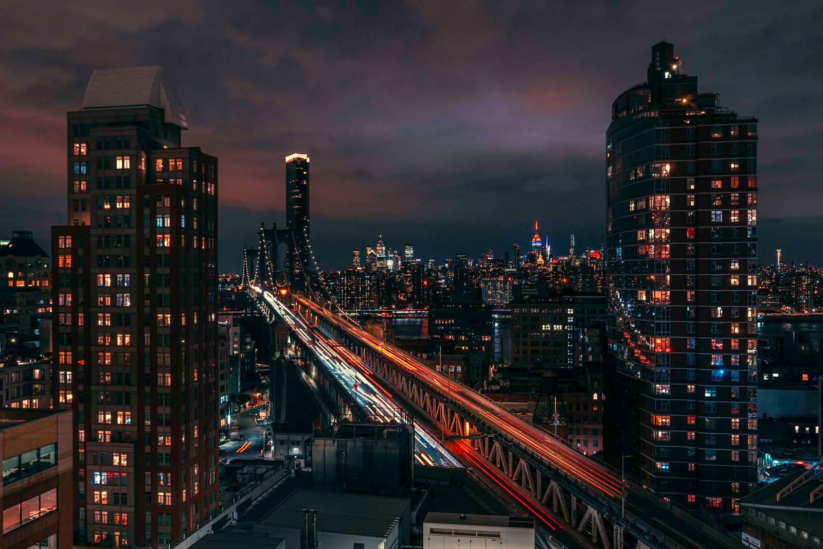 Randolph Beer rooftop view in DUMBO of the Manhattan Bridge in Brooklyn