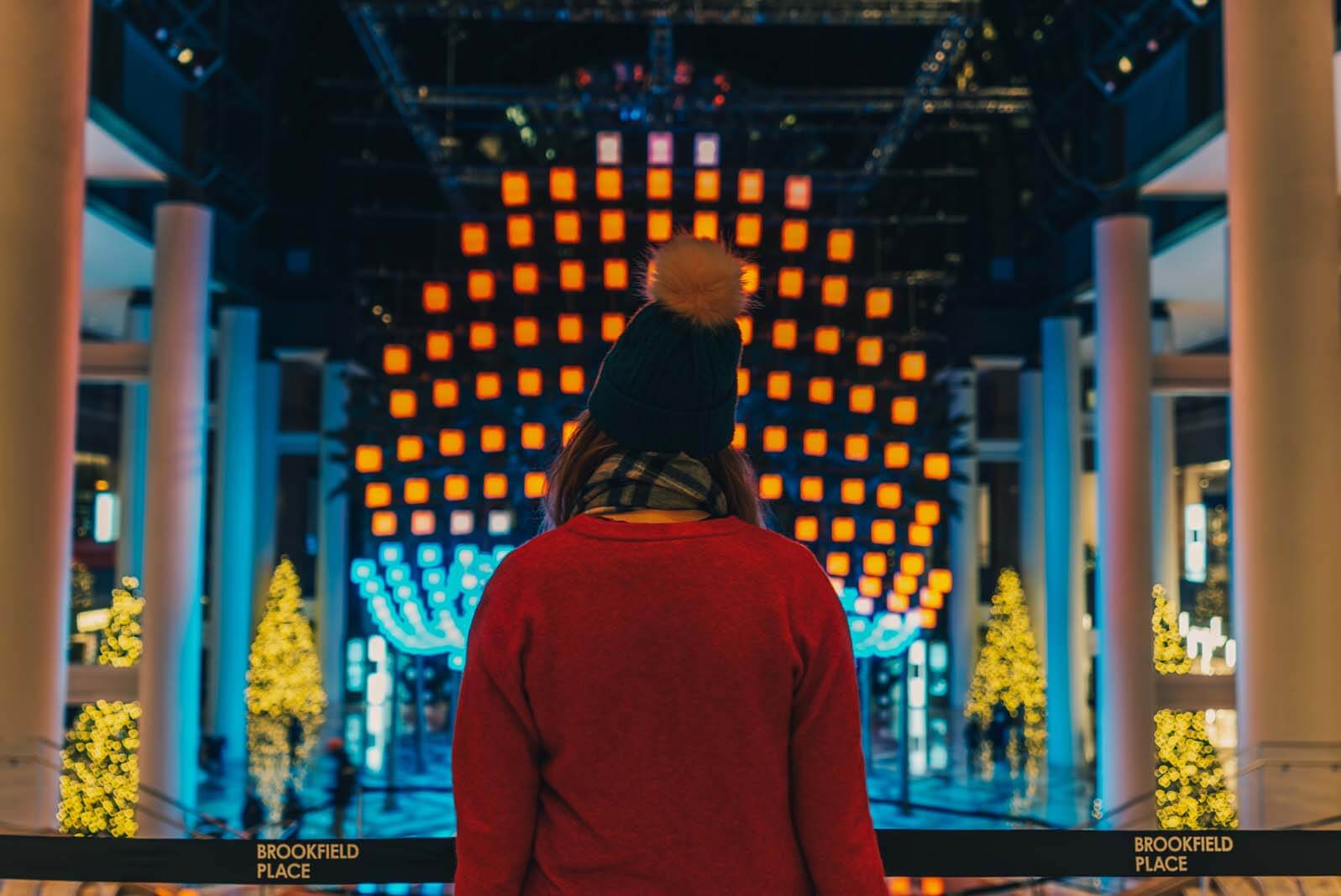 Megan looking at Christmas lights at Brookfield Place in Manhattan NYC