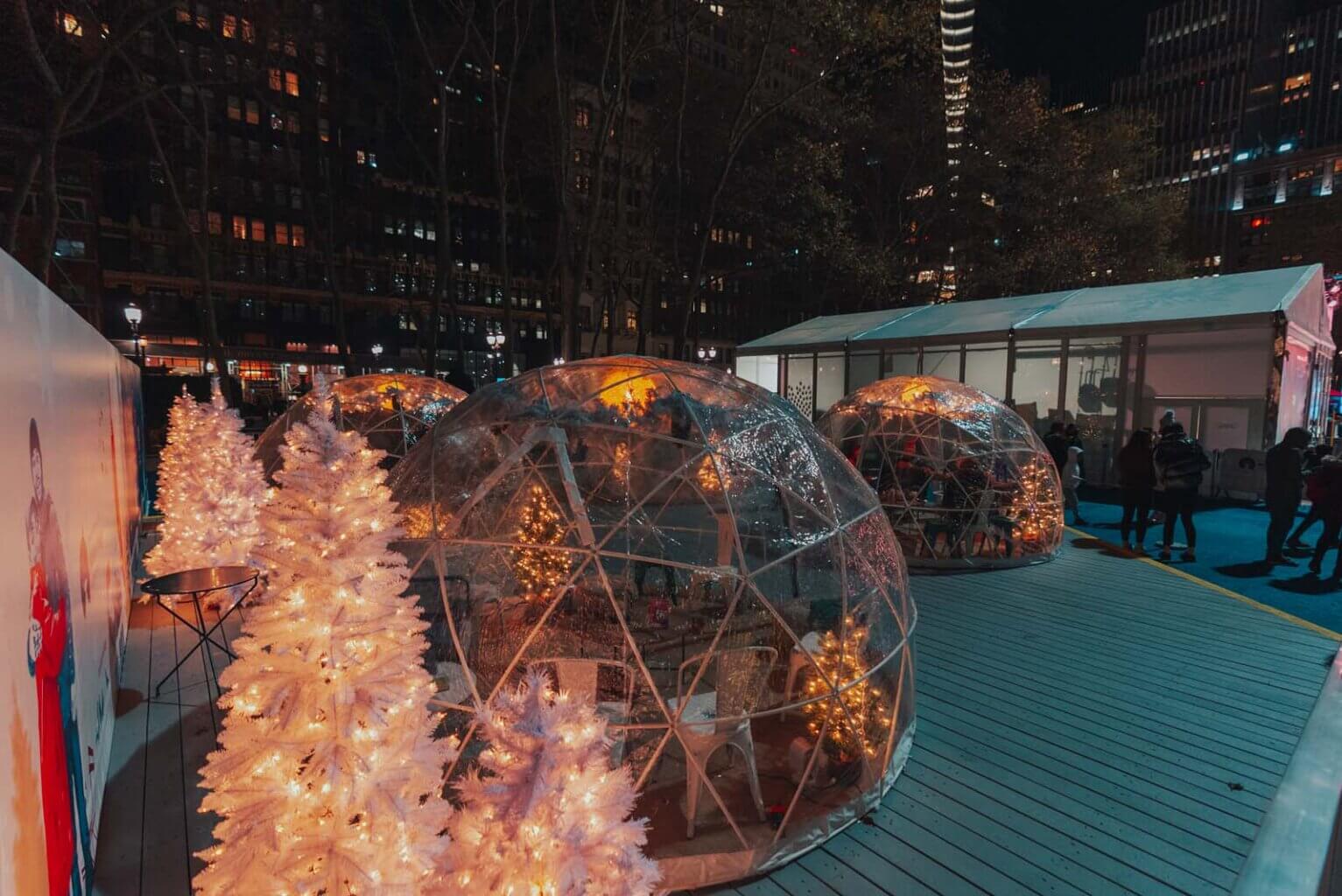 winter igloos at Bryant Park Winter Village in NYC