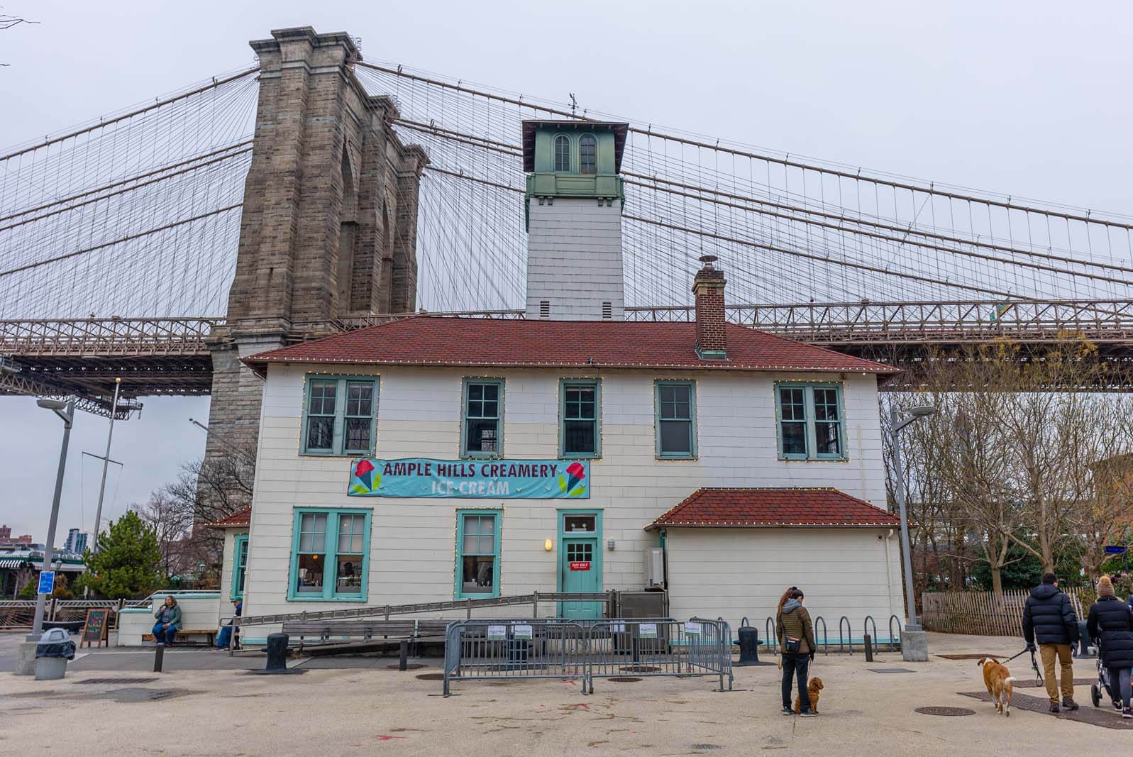 Ample Hills Creamery with Brooklyn Bridge in background located at edge of Brooklyn Heights
