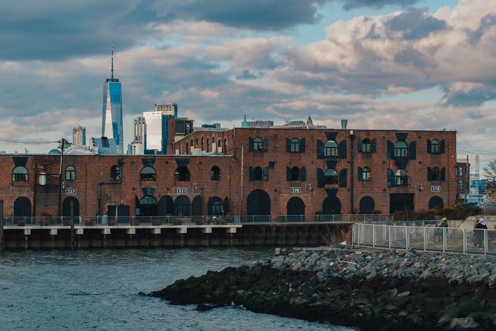 Brooklyn Sunset Location in Red hook with View of Industrial Building and 1 World Trade Center