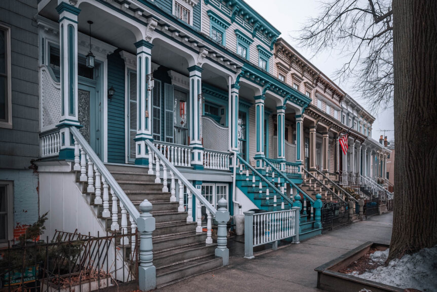 colorful row of homes in Windsor Terrace Brooklyn