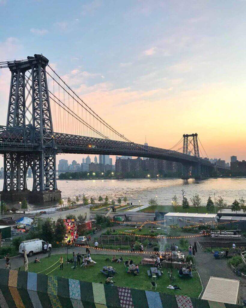 View of Domino Park and Williamsburg Bridge with Manhattan in the distance