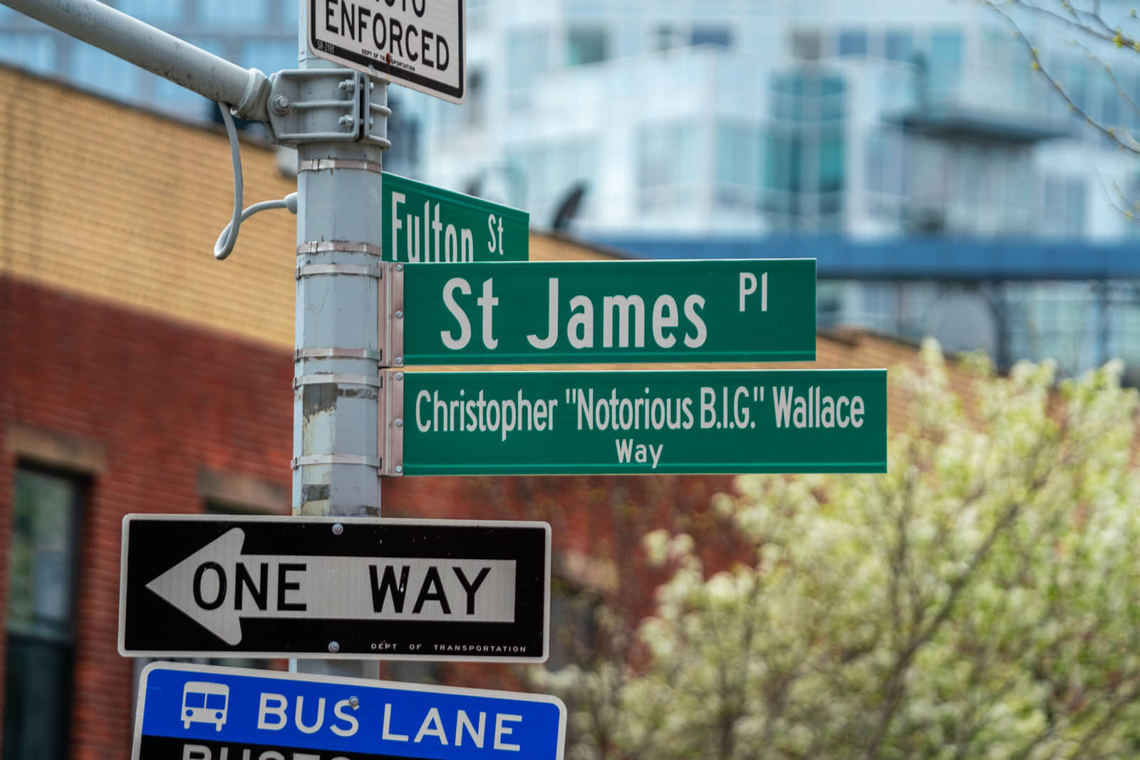 Christopher Wallace Way at the corner of St James Pl and Fulton in Clinton Hill biggie smalls Brooklyn