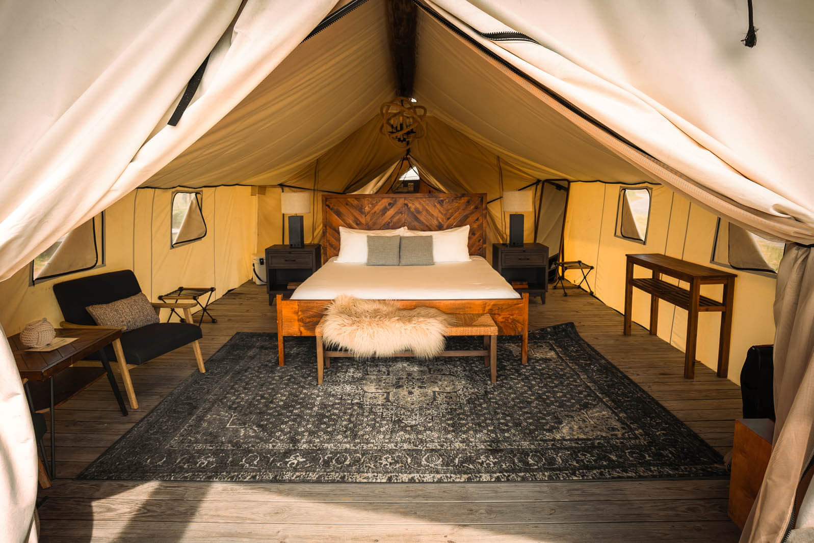 inside the summit glamping tent at governors island in NYC