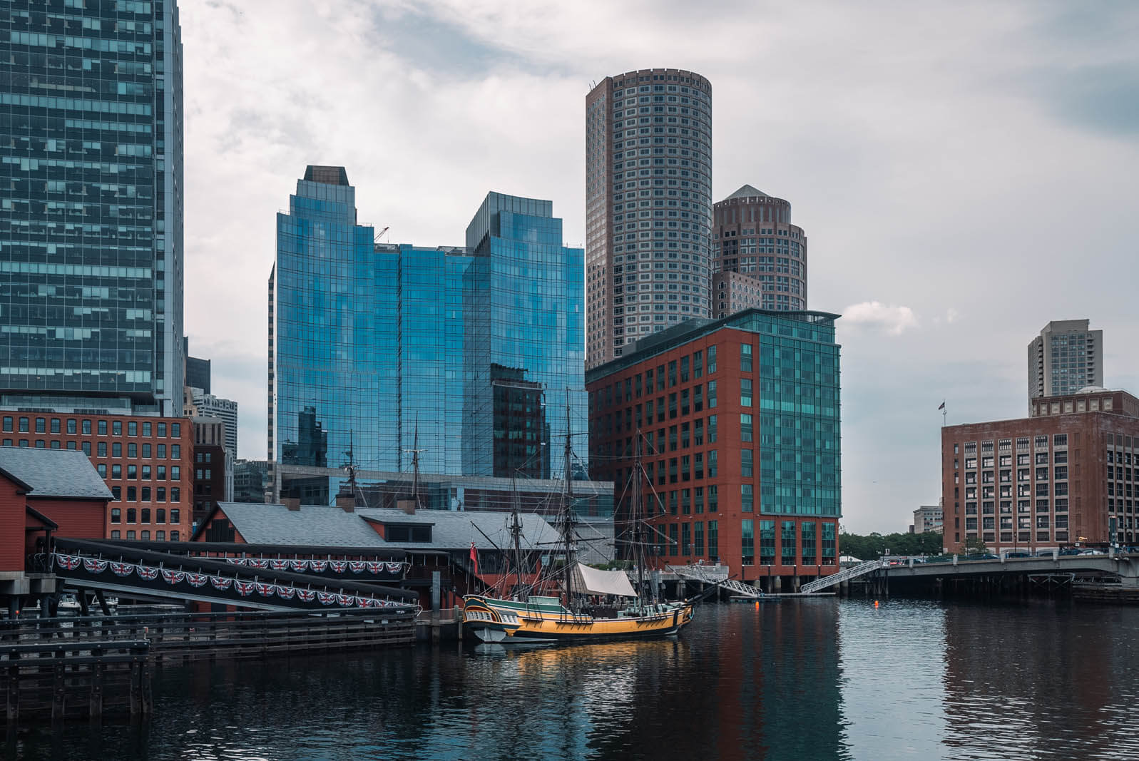 Boston Waterfront view of the Boston Tea Party Museum and Ships