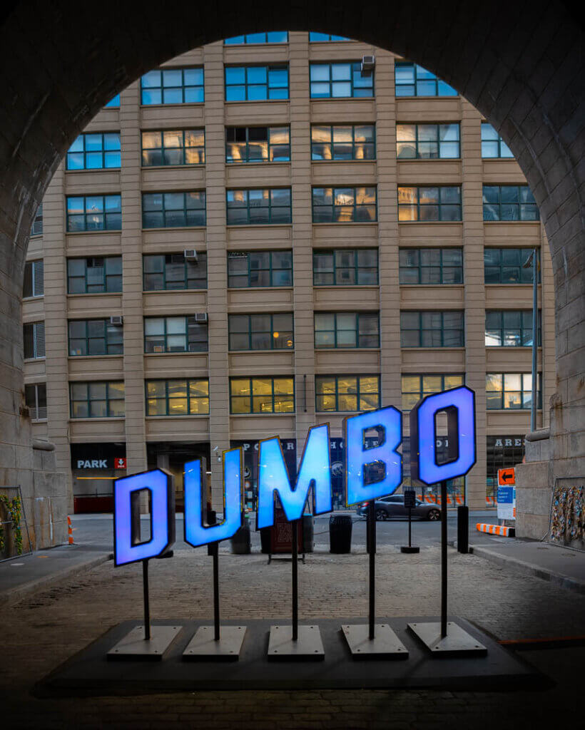 DUMBO sign under the Manhattan Bridge in Brooklyn