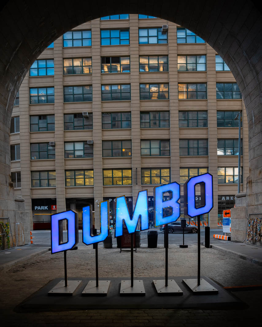 DUMBO sign under the Manhattan Bridge in Brooklyn