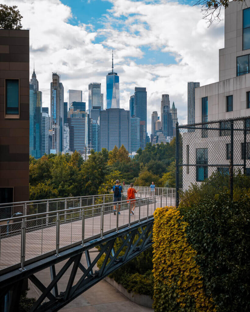 Squibb Park Bridge with a view of WTC in Brooklyn Heights Manhattan
