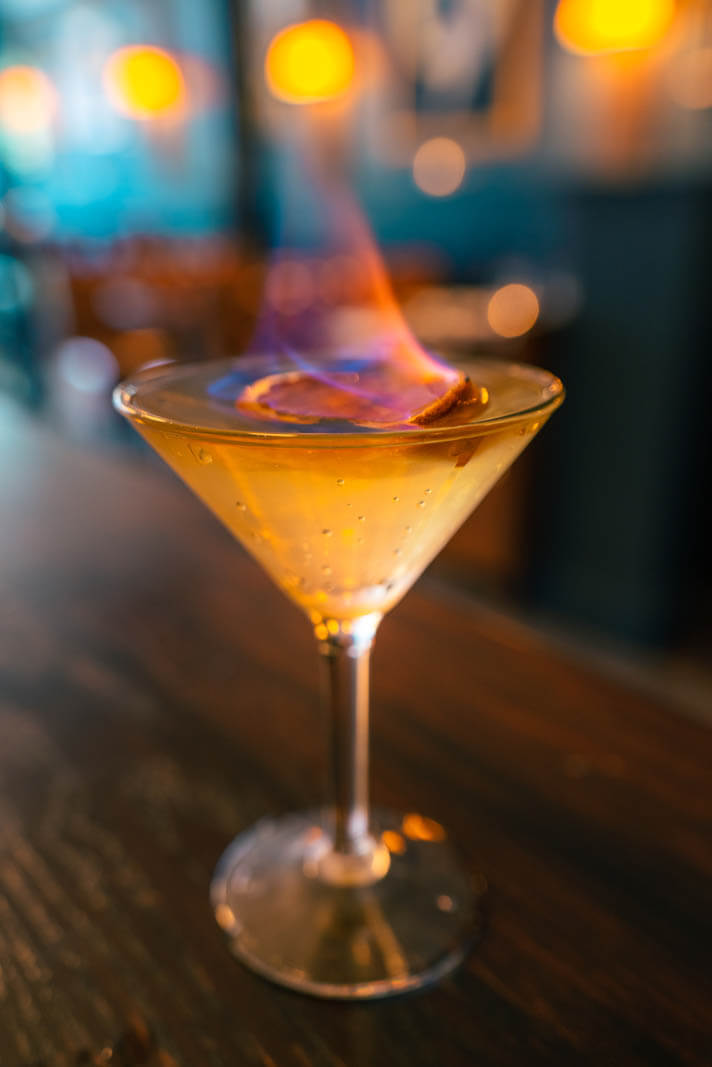 Willys 50 50 flaming cocktail at Philomenas in east williamsburg bar in brooklyn