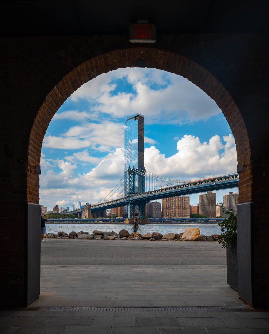 view of the Manhattan Bridge from Empire Stores in DUMBO Brooklyn