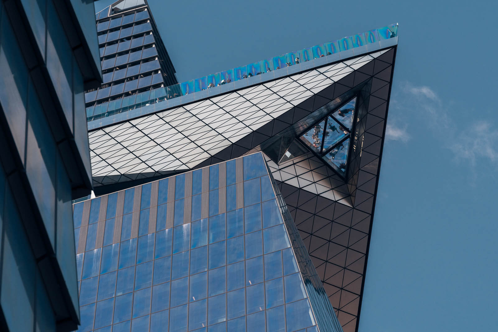 The Edge at Hudson Yards skydeck view from street level looking up in NYC