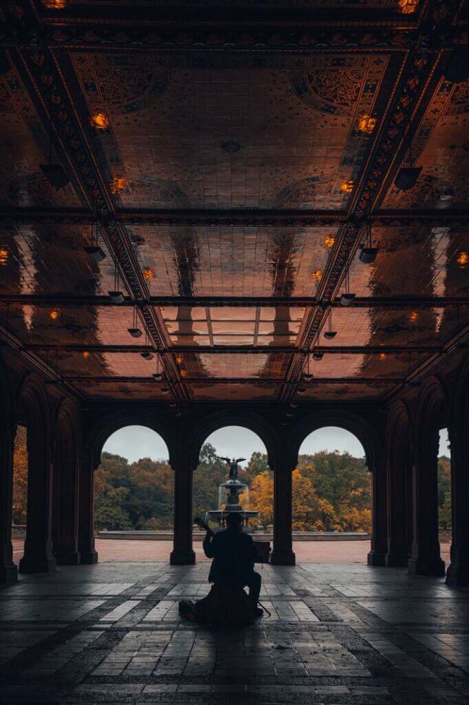 man playing music in Bethesda Terrace in Central Park in NYC