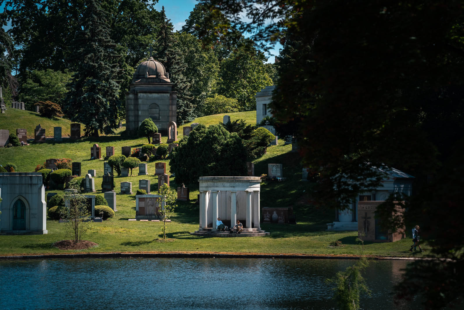 mausoleum along the lake at GreenWood Cemetery in Brooklyn