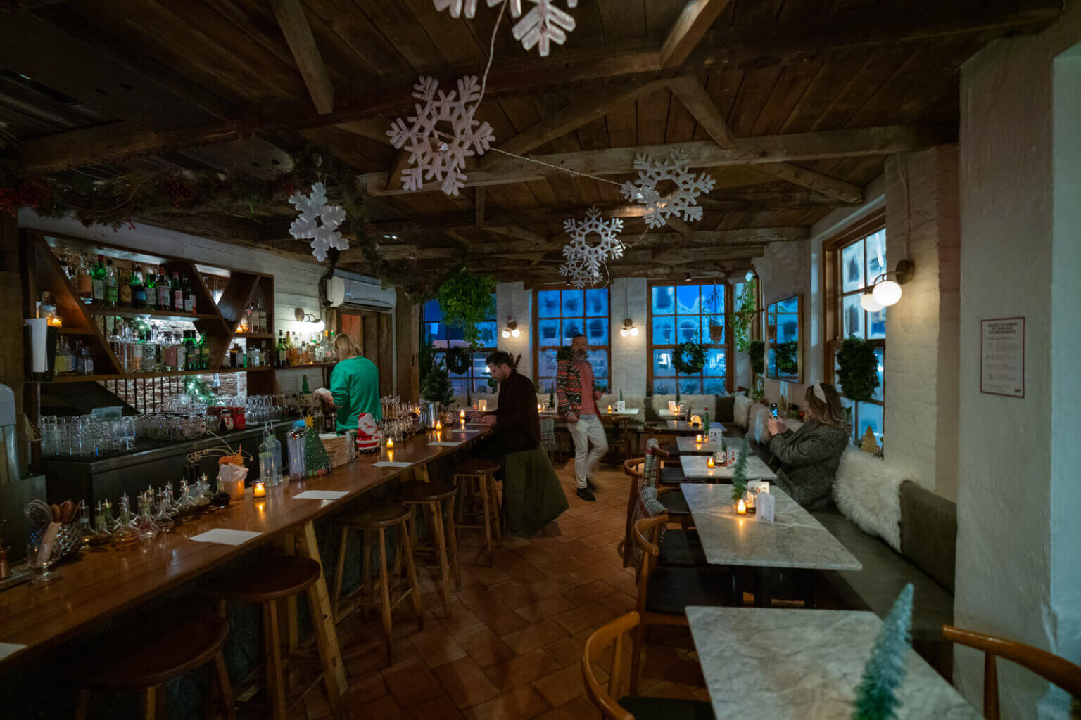 interior of Snowday in Brooklyn christmas bar in NYC in Williamsburg