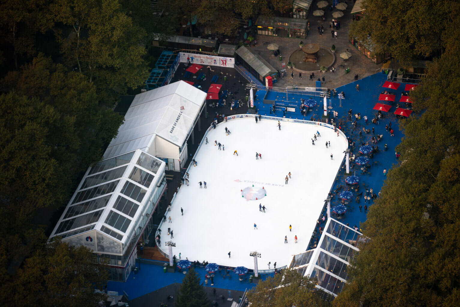 aerial view of Bryant Park ice rink in the Bryant Park winter village in NYC