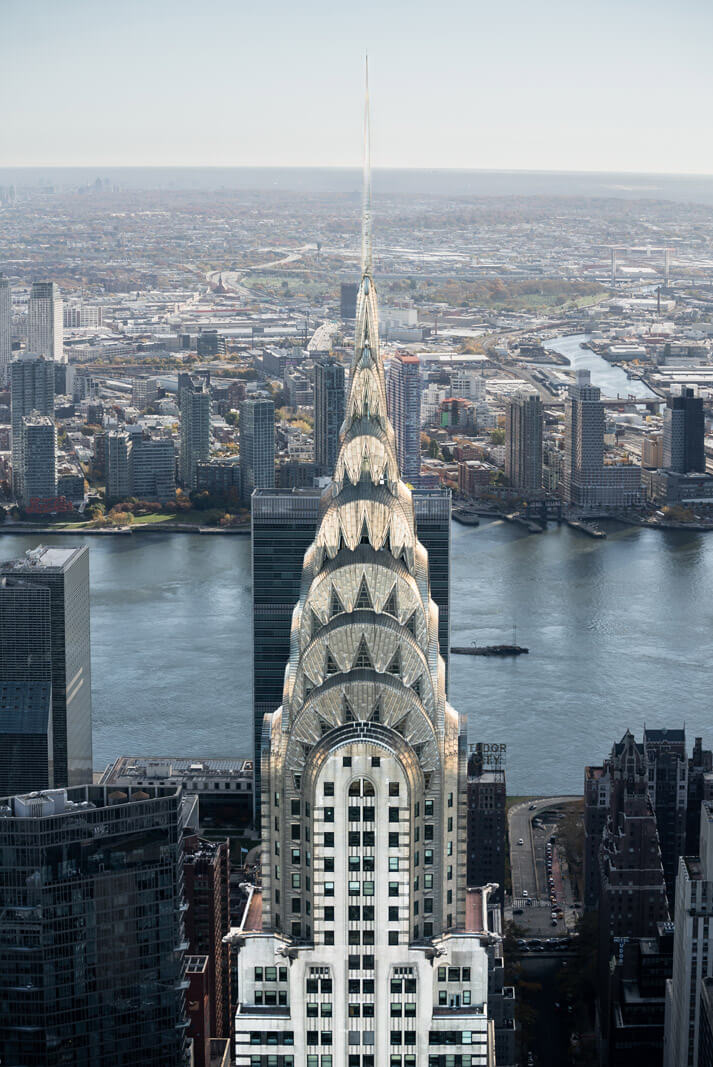 view of the top of the Chrysler Building from Summit One Vanderbilt in NYC
