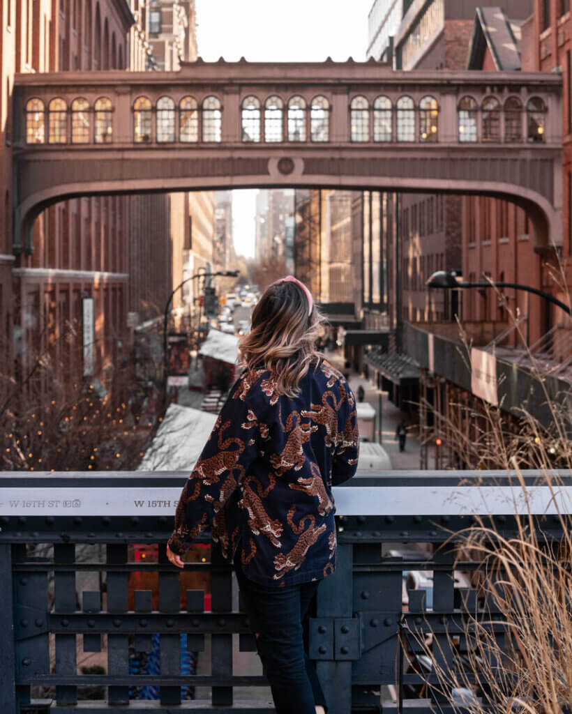 Megan looking at the skybridge from the High Line in Chelsea NYC