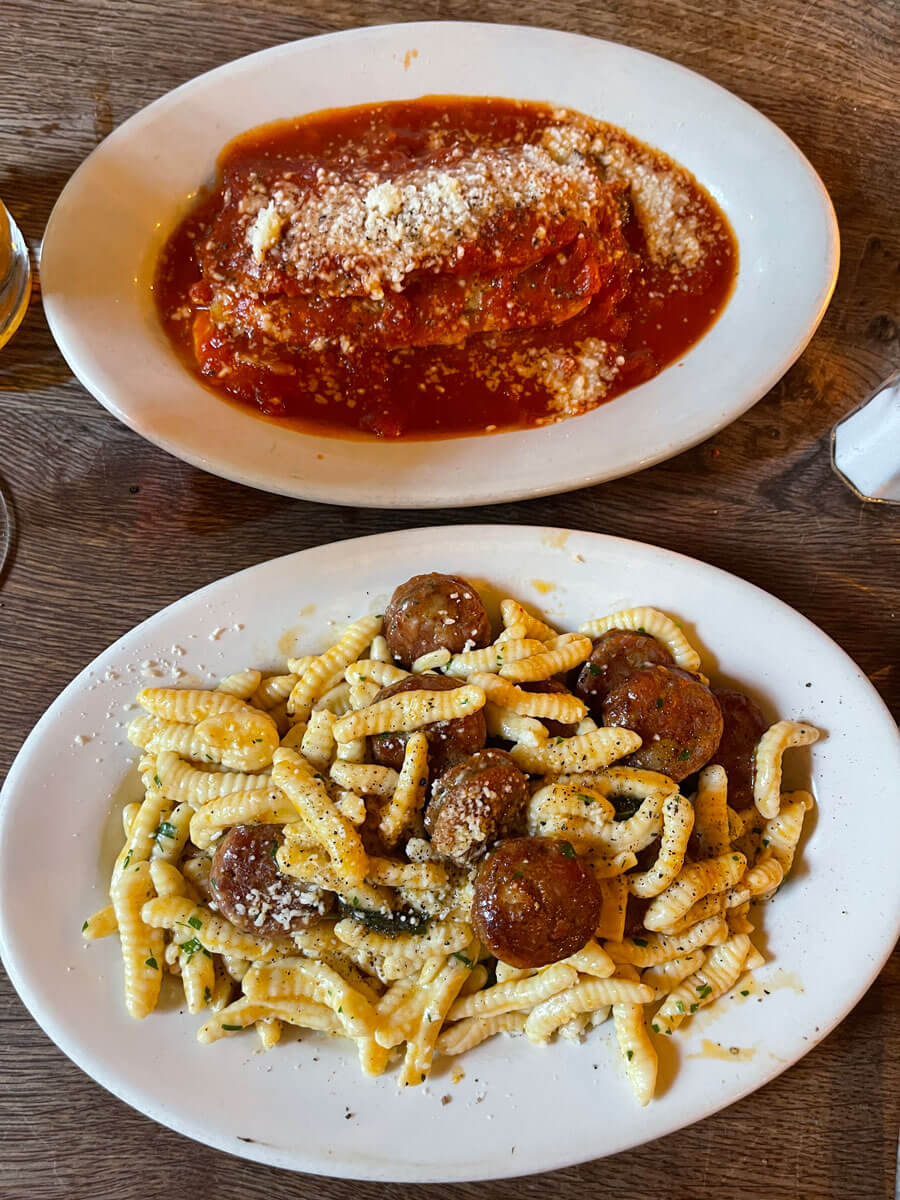 eggplant-marinara-and-cavatelli-with-hot-sausage-from-Frankies-457-Sputino-in-Carroll-Gardens-an-classic-red-sauce-Italian-restaurant-in-Brooklyn