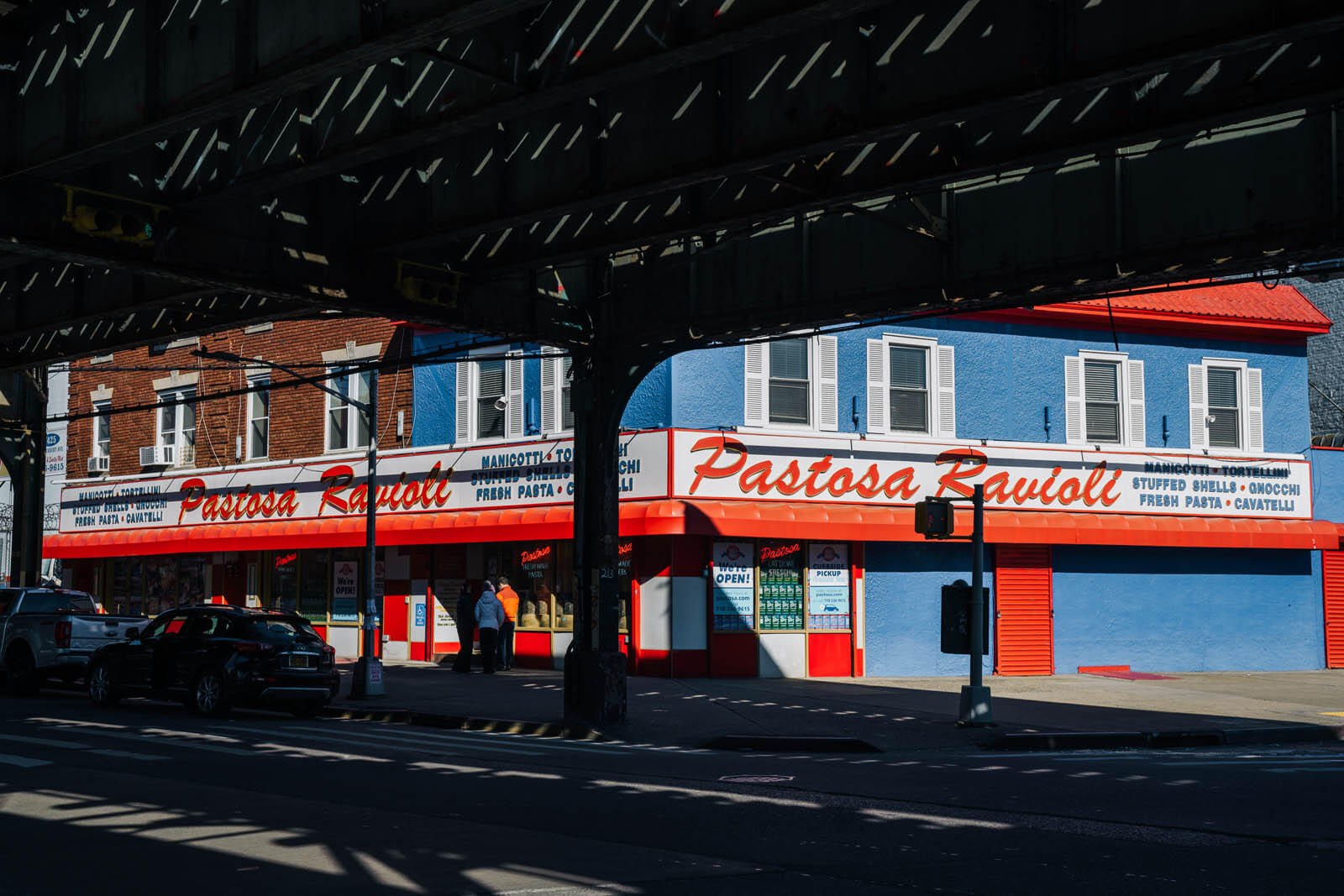 View of Pastosa Ravioli under the overpass in Bensonhurst Brooklyn