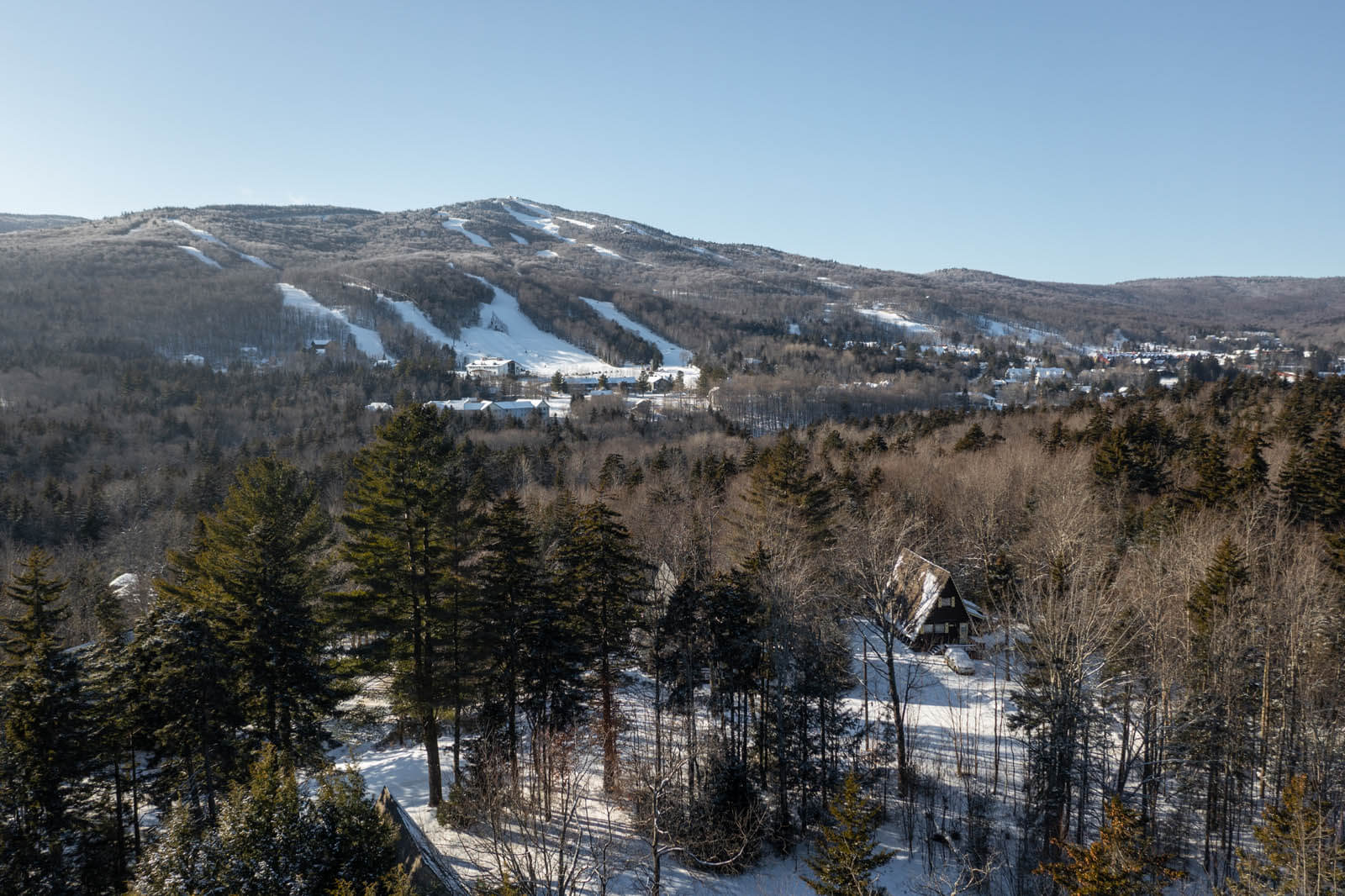 view of Mount Snow ski resort in West Dover Vermont from A Frame vacation cabin