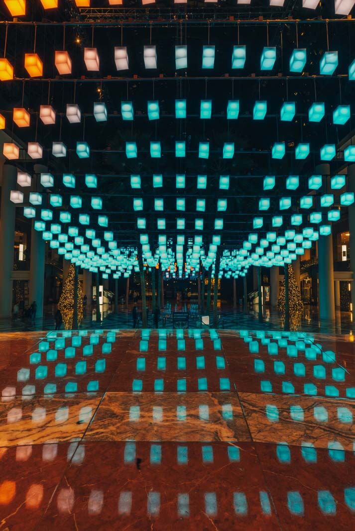 the winter light display and luminaries in Brookfield Place in Lower Manhattan NYC