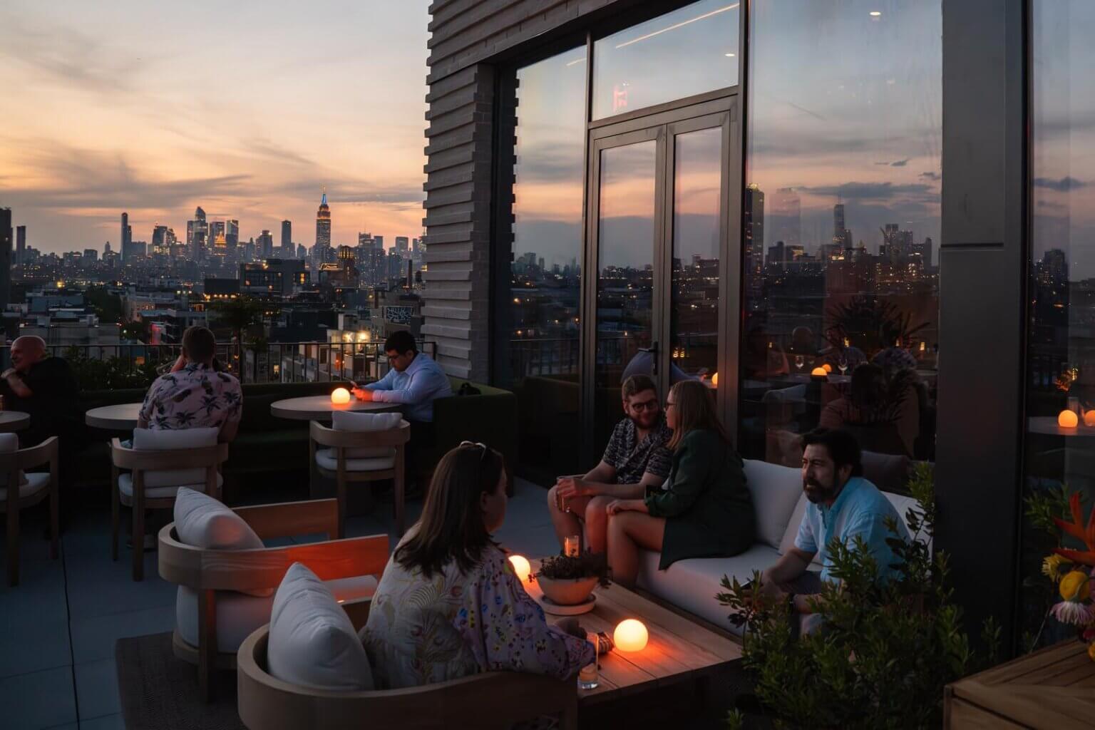 El Nico Rooftop Bar in Williamsburg Brooklyn at the Penny Hotel at sunset