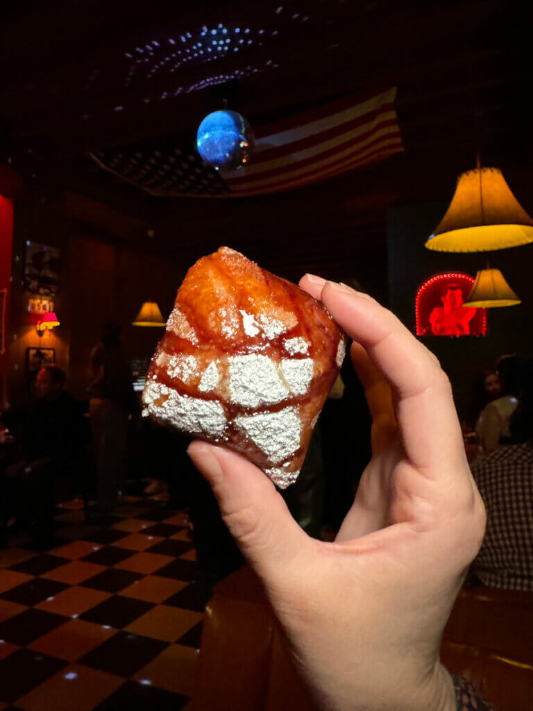 the-beignets-and-disco-ball-at-Rays-Hometown-Bar-in-Greenpoint-Brooklyn